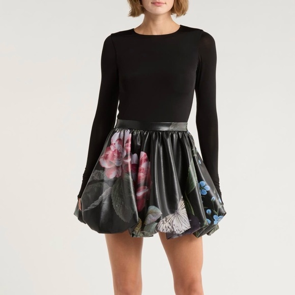 Alice + Olivia Chara Long Sleeve Faux Leather Skirt Dress In The Wind Floral Sz0 - Picture 1 of 12